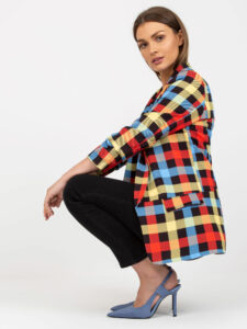 Women's yellow and red blazer with a colorful check
