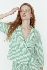 Trendyol Green Striped Double Breasted Poplin Woven Pajamas