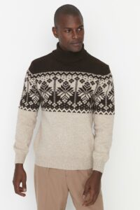 Trendyol Brown Men's Slim Fit Turtleneck Jacquard Paneled Knitwear