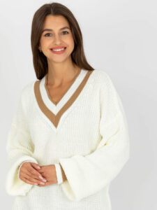 Ecru knitted oversize sweater with V-neck