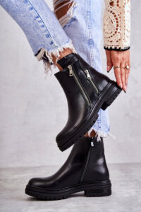 Women's Leather Boots With Zipper Black