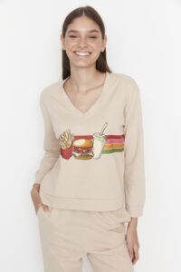Trendyol Cream V-Neck Printed Knitted Pajamas