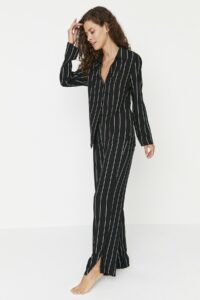 Trendyol Black Striped Shirt Collar Viscose Woven Pajamas