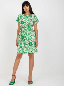 Beige and green linen floral dress with a