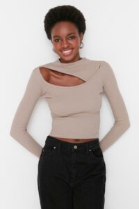 Trendyol Mink Turtleneck Cut Out Detailed Ribbed Knitted