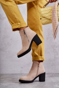 Suede Boots On High Heels With A Zipper Light Beige