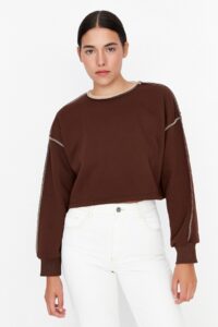 Trendyol Brown Contrast Rib Detail Stand Up Collar Raised Basic
