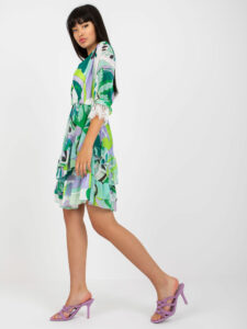 Green and purple wrap dress with