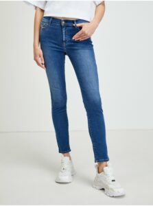 Modré dámské zkrácené slim fit džíny s vyšisovaným