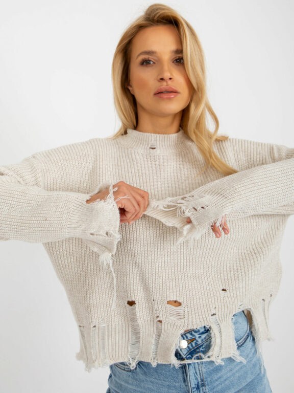 Béžový volný asymetrický svetr s dírami