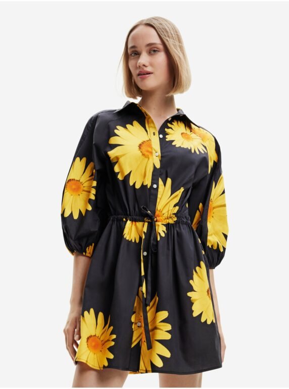 Žluto-černé dámské květované košilové šaty Desigual