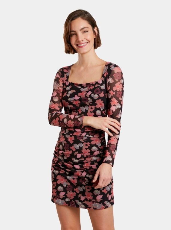 Růžovo-černé dámské květované pouzdrové šaty Desigual