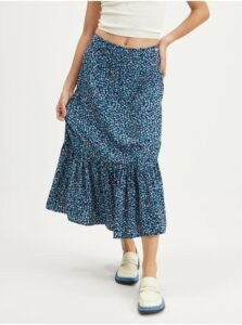 Tmavě modrá dámská květovaná midi sukně