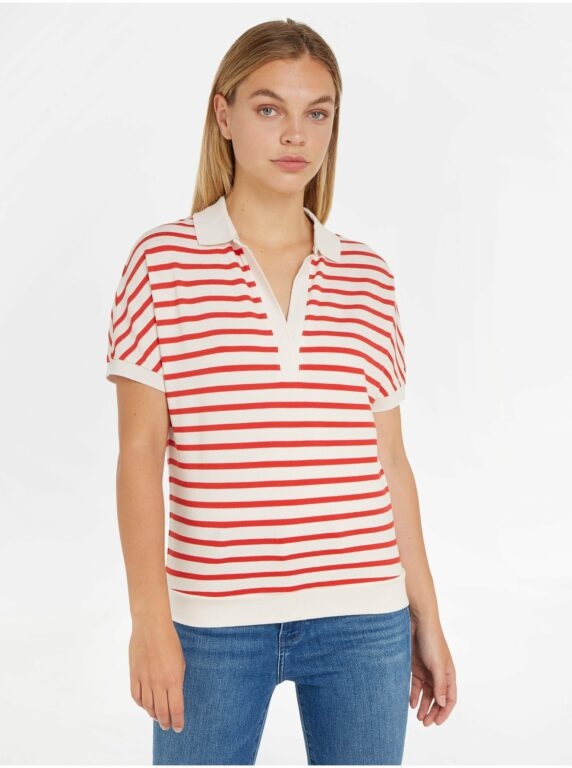 Krémovo-červené dámské pruhované polo tričko Tommy