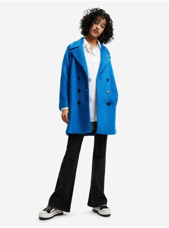 Modrý dámský zimní kabát s příměsí vlny