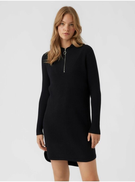Černé žebrované mikinové šaty s kapucí VERO