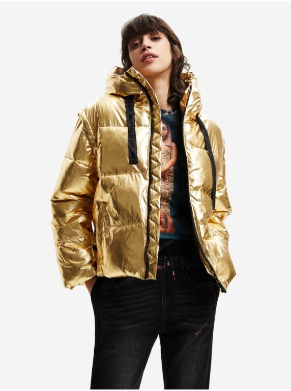 Dámská prošívaná zimní bunda s kapucí ve zlaté