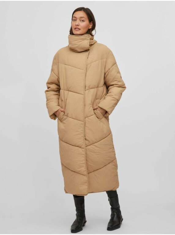Béžový dámský prošívaný zimní kabát s límcem