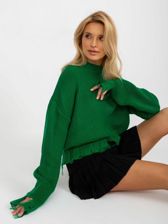 Zelený volný asymetrický svetr s dírami