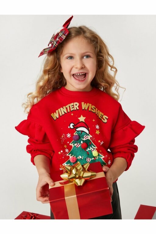 Koton Christmas Tree Printed Frilly Sweatshirt