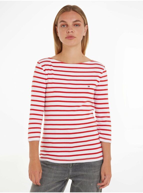 Bílo-červené dámské pruhované tričko s dlouhým rukávem