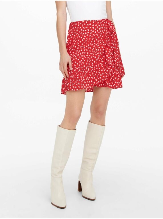 Červená dámská květovaná zavinovací sukně ONLY