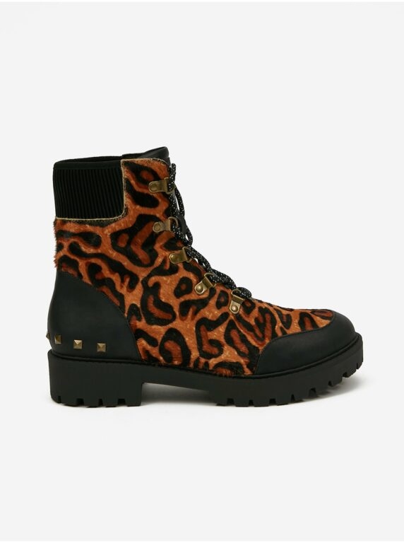 Hnědé dámské kožené kotníkové boty s leopardím vzorem