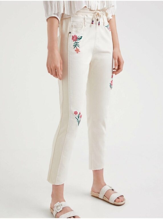 Krémové dámské květinové kalhoty Desigual
