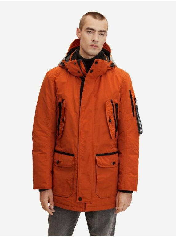 Oranžová pánská zimní bunda s kapucí