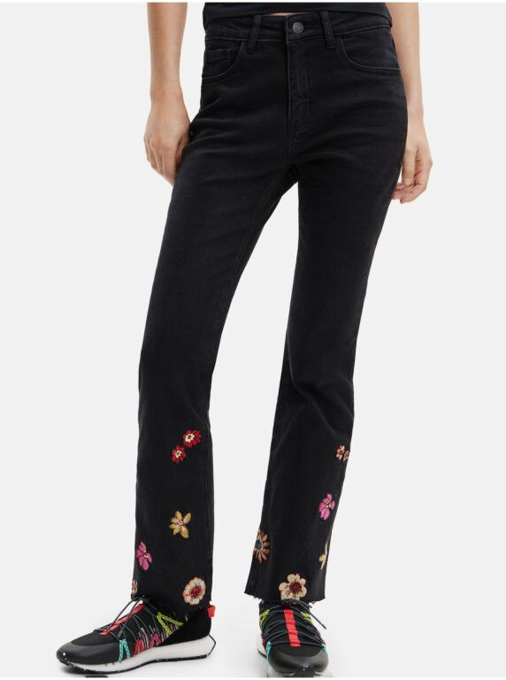 Černé dámské květované straight fit džíny